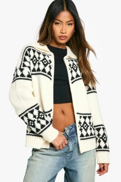 Cardigans|Jumpers & Cardigans*boohoo Knitted Oversized Zip Through Fairisle Cardigan cream