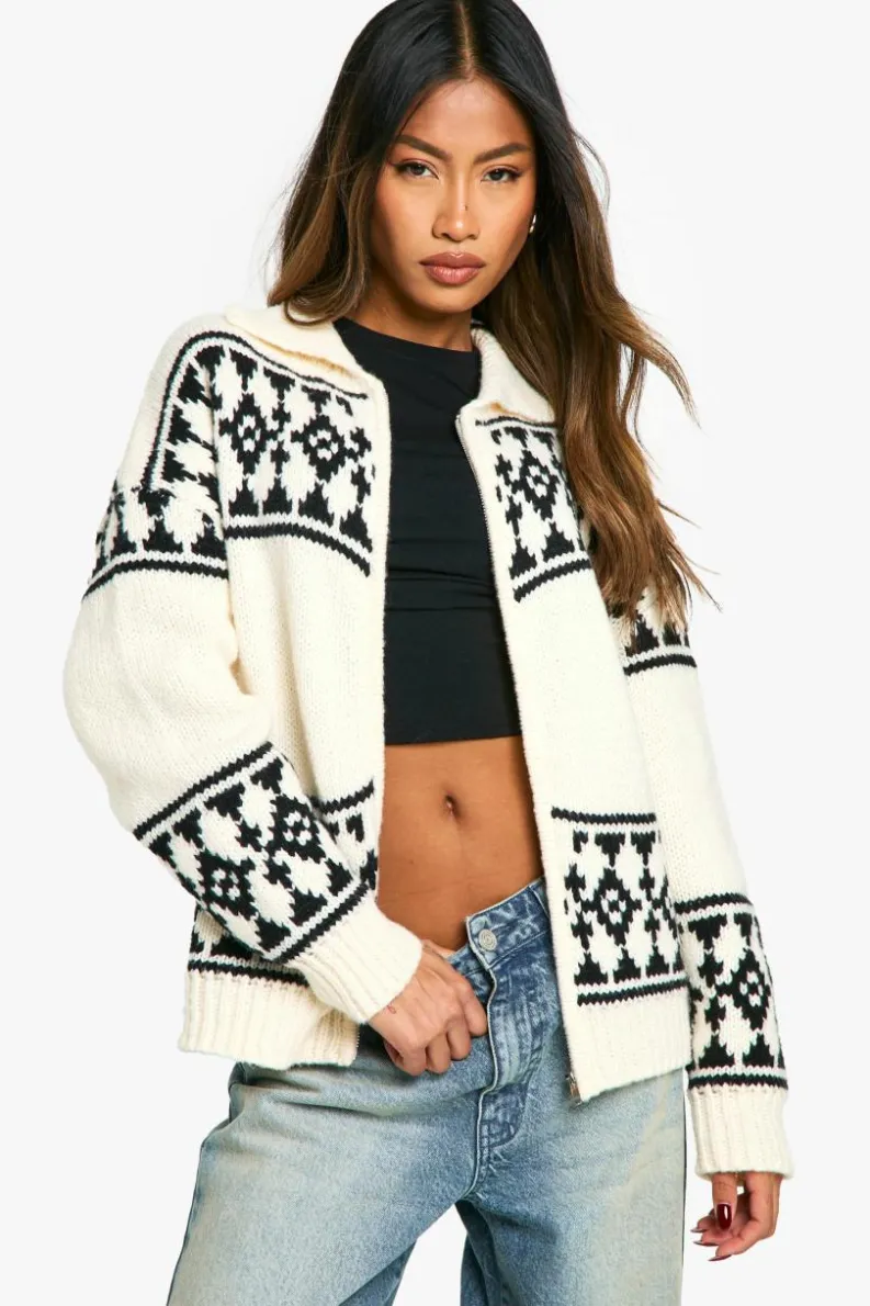 Cardigans|Jumpers & Cardigans*boohoo Knitted Oversized Zip Through Fairisle Cardigan cream