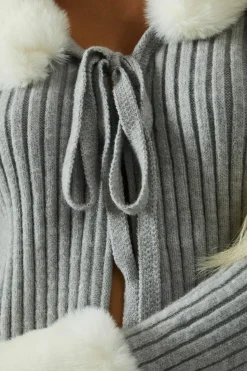Cardigans*MissPap Knitted Rib Fur Trim Tie Detail Front Jumper grey