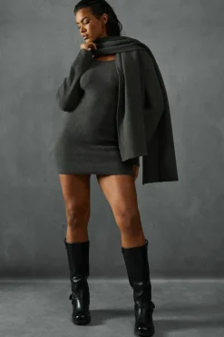 Jumper Dresses|Jumper Dresses*MissPap Knitted Slash Neck Scarf Detail Mini Dress charcoal