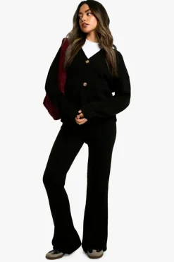 Knitted Co-Ords|Trousers*boohoo Knitted Slouchy Cardigan And Flare Trouser Co-Ord black