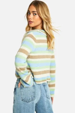 Cardigans*boohoo Knitted Striped Flare Sleeve Tie Front Cardigan brown