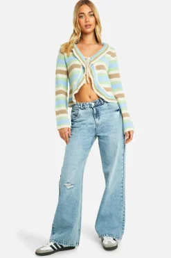 Cardigans*boohoo Knitted Striped Flare Sleeve Tie Front Cardigan brown