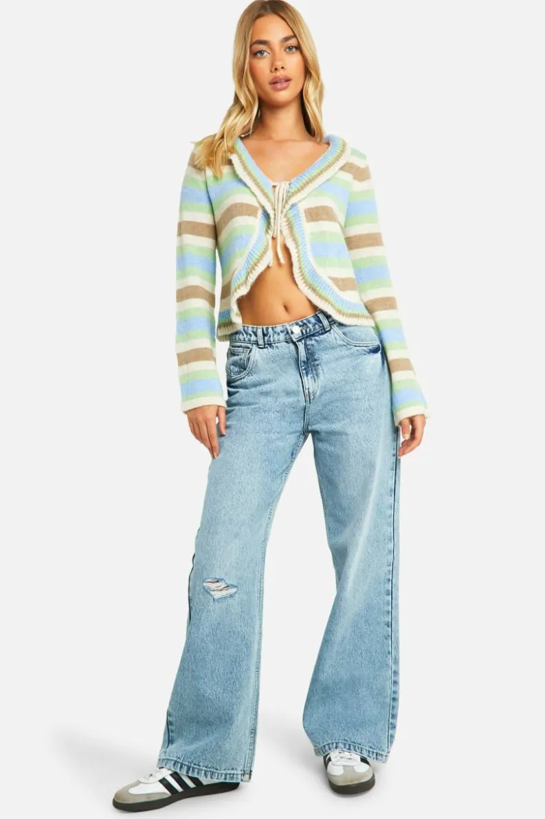 Cardigans*boohoo Knitted Striped Flare Sleeve Tie Front Cardigan brown