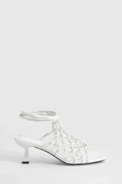 Heels*boohoo Knotted Caged Low Wrap Up Heels white