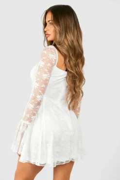 Skater Dresses|Mini Dresses*boohoo Lace Baby Doll Flare Sleeve Mini Dress white