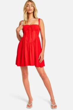Smock Dresses*boohoo Lace Corset Smock Dress red