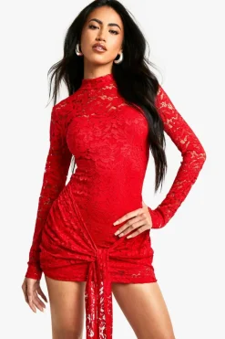 Mini Dresses|Long Sleeve Dresses*boohoo Lace Detail Long Sleeve Tie Front Lined Mini Dress red