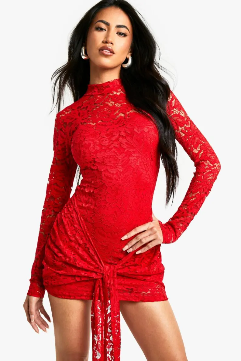 Mini Dresses|Long Sleeve Dresses*boohoo Lace Detail Long Sleeve Tie Front Lined Mini Dress red