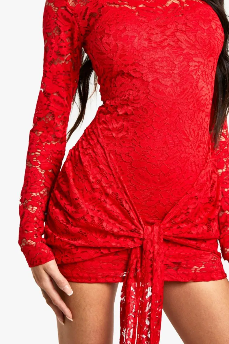 Mini Dresses|Long Sleeve Dresses*boohoo Lace Detail Long Sleeve Tie Front Lined Mini Dress red