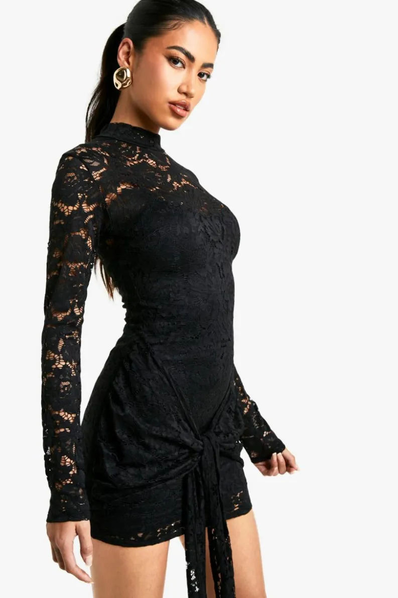 Mini Dresses|Long Sleeve Dresses*boohoo Lace Detail Long Sleeve Tie Front Lined Mini Dress black