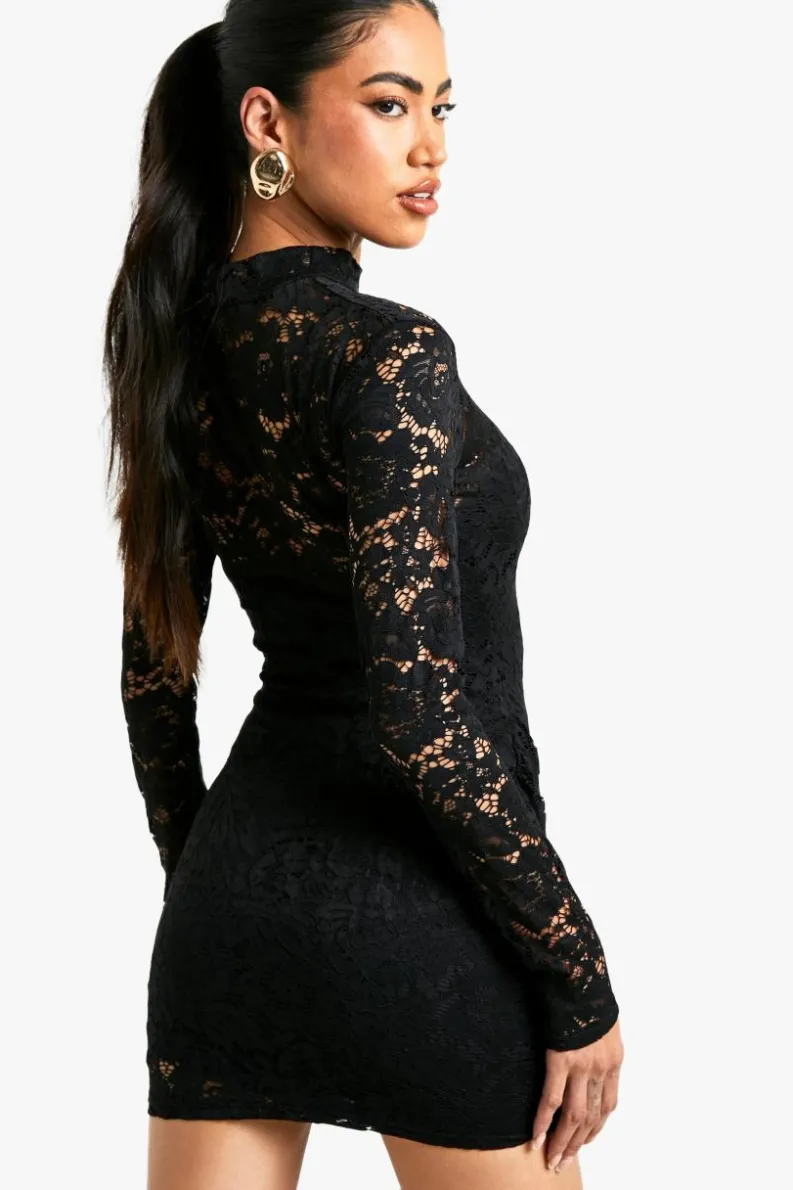 Mini Dresses|Long Sleeve Dresses*boohoo Lace Detail Long Sleeve Tie Front Lined Mini Dress black