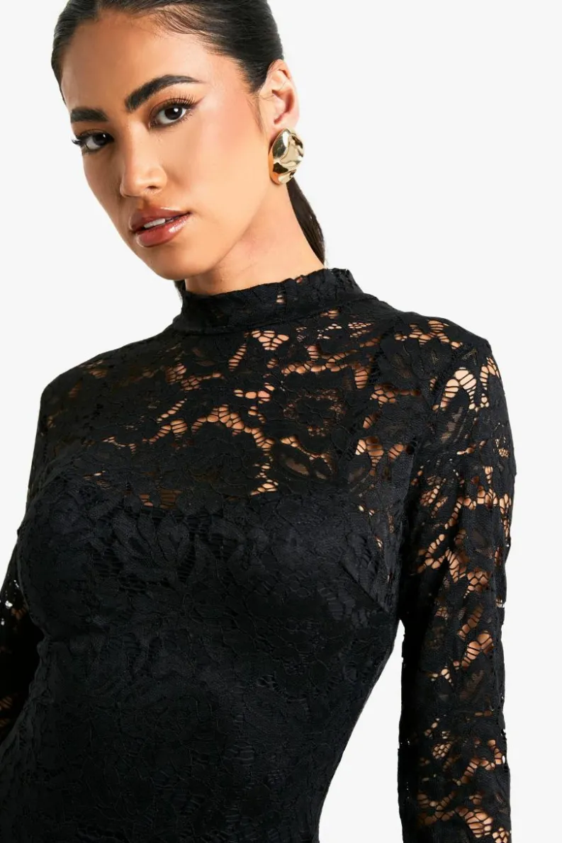Mini Dresses|Long Sleeve Dresses*boohoo Lace Detail Long Sleeve Tie Front Lined Mini Dress black