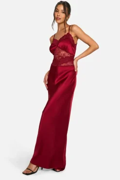 Cami Dresses*boohoo Lace Detail Satin Maxi Dress burgundy