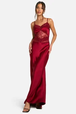 Cami Dresses*boohoo Lace Detail Satin Maxi Dress burgundy