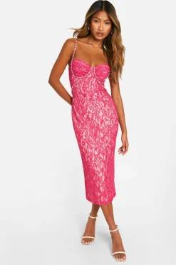 Midi Dresses*boohoo Lace Diamante Trim Midi Dress hot pink