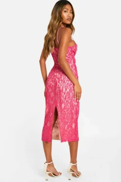 Midi Dresses*boohoo Lace Diamante Trim Midi Dress hot pink