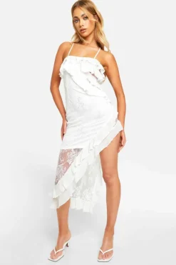 Cami Dresses|Dresses*boohoo Lace Frill Asymmetric Midaxi Dress white