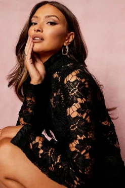 Bodycon Dresses|Mini Dresses*boohoo Lace High Neck Long Sleeve Tiered Mini Dress black