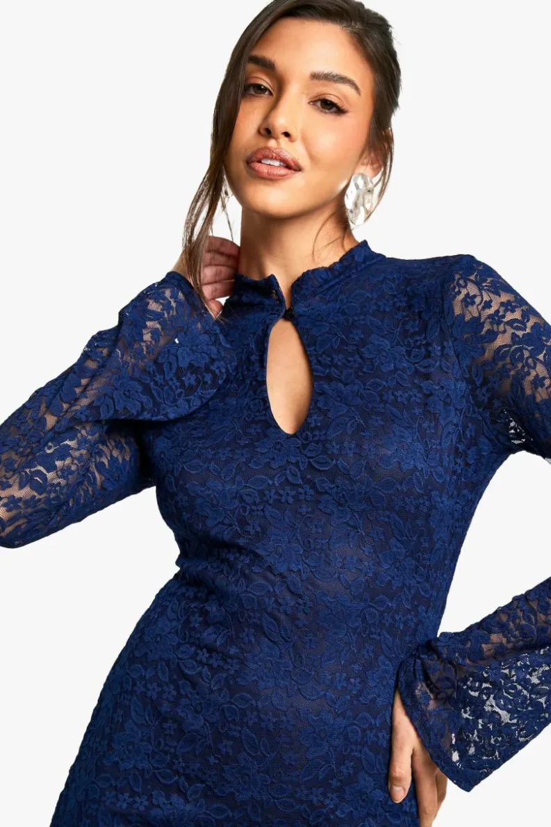 Bodycon Dresses*boohoo Lace Keyhole Flare Sleeve Mini Dress navy