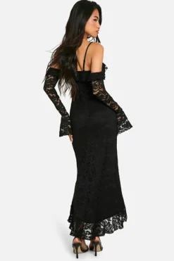 Bodycon Dresses*boohoo Lace Ruffle Bardot Flare Sleeve Midaxi Dress black