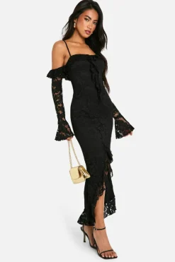 Bodycon Dresses*boohoo Lace Ruffle Bardot Flare Sleeve Midaxi Dress black