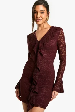 Mini Dresses*boohoo Lace Ruffle Flare Sleeve Mini Dress plum