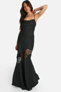 Cami Dresses*boohoo Lace Satin Tie Back Maxi Dress black