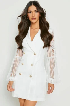 Blazer Dresses|Mini Dresses*boohoo Lace Sleeve Blazer Dress ivory