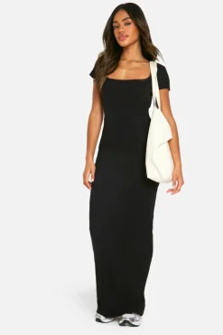 Bodycon Dresses*boohoo Lace Trim Rib Maxi Dress black