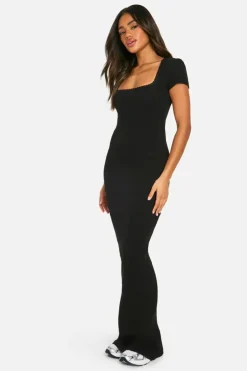 Bodycon Dresses*boohoo Lace Trim Rib Maxi Dress black