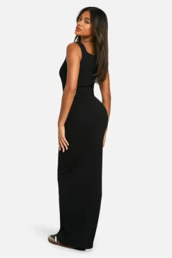 Bodycon Dresses*boohoo Lace Trim Rib Square Neck Maxi Dress black