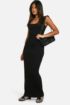 Bodycon Dresses*boohoo Lace Trim Rib Square Neck Maxi Dress black