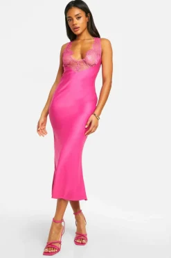 Cami Dresses|Midi Dresses*boohoo Lace Trim Satin Midi Slip Dress hot pink