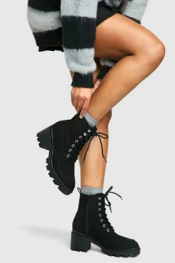 Biker Boots|Heeled Boots*boohoo Lace Up Heel Hiker Boot black