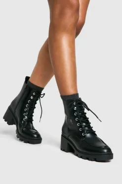 Biker Boots|Heeled Boots*boohoo Lace Up Heel Hiker Boot black