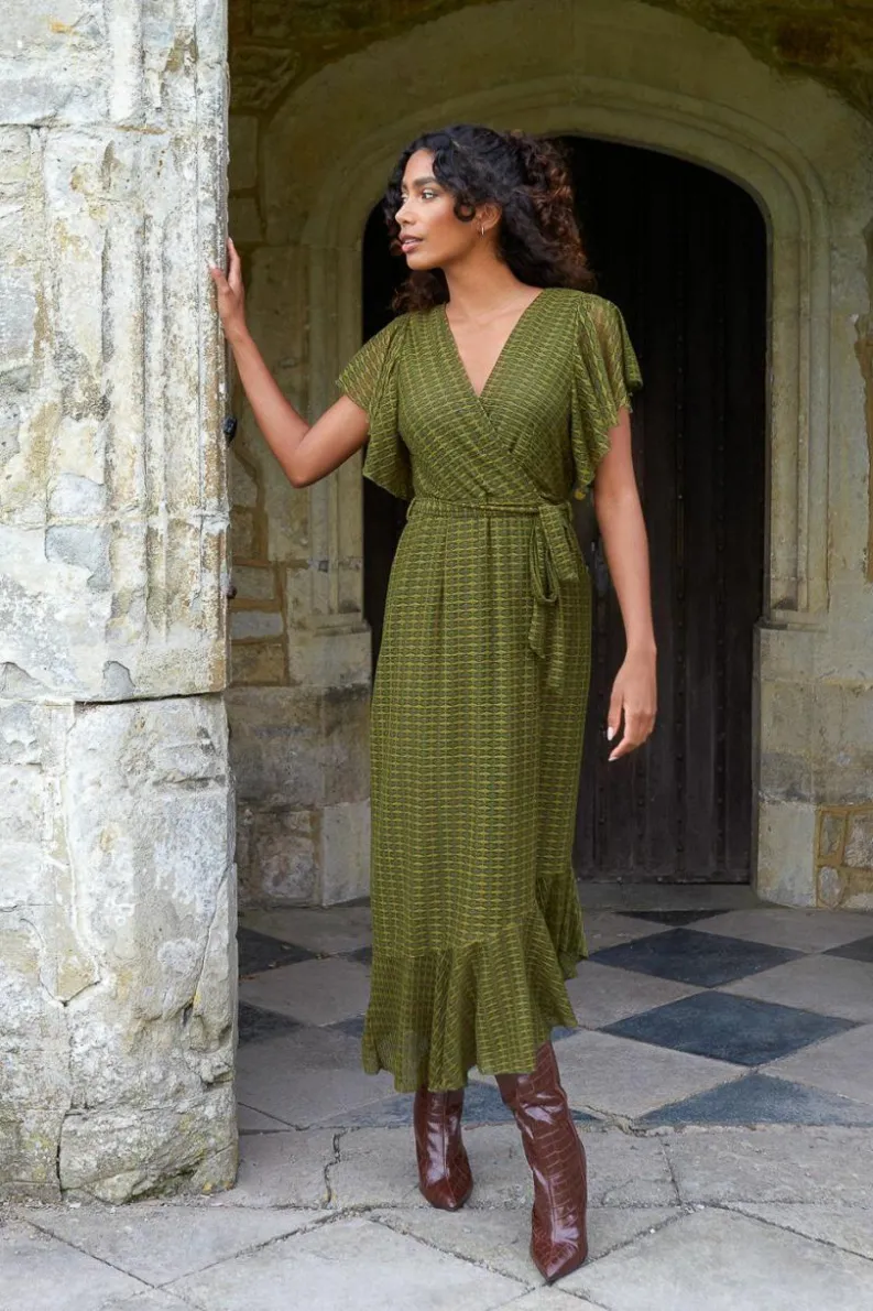 Wrap Dresses*Blue Vanilla Lace Wrap Midi Dress Khaki