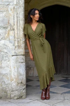 Wrap Dresses*Blue Vanilla Lace Wrap Midi Dress Khaki