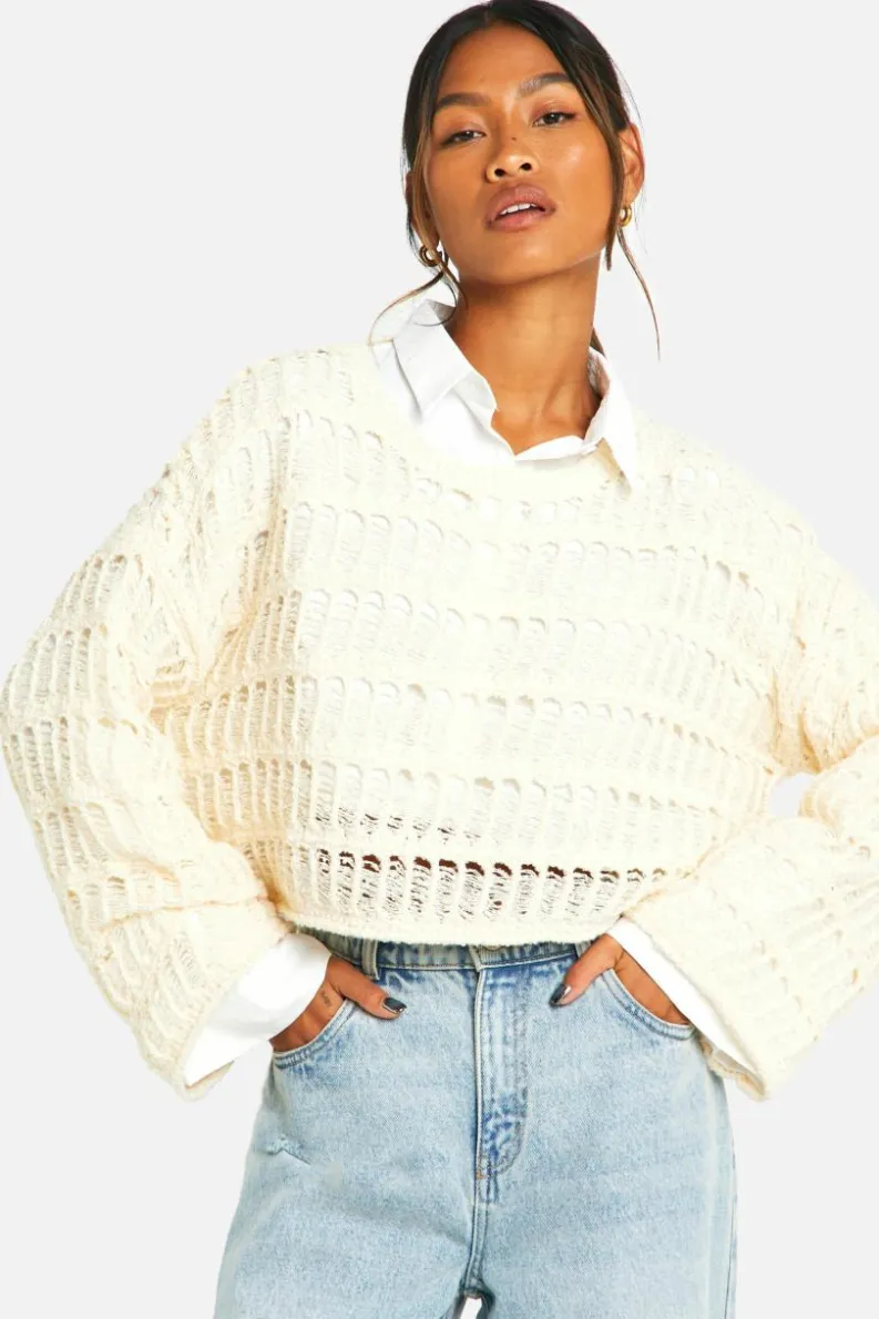 Jumpers*boohoo Ladder Crochet Crop Jumper cream