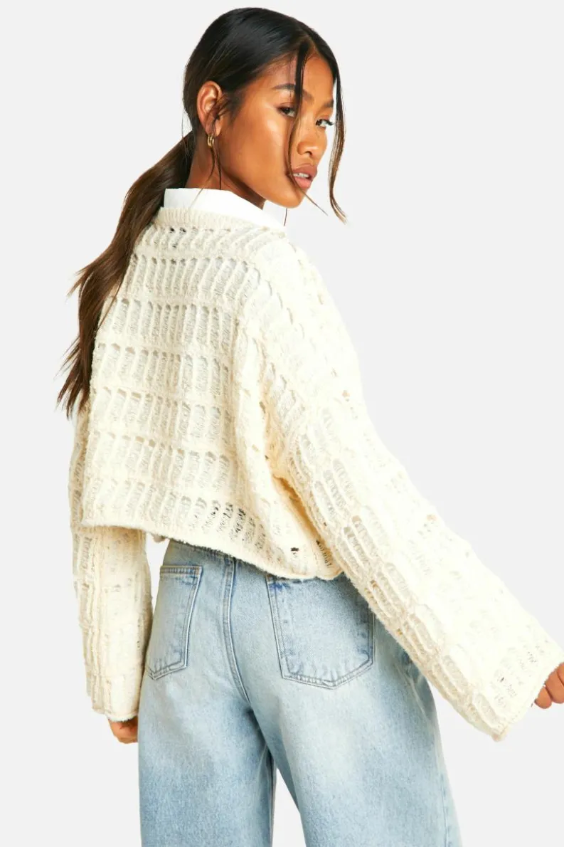 Jumpers*boohoo Ladder Crochet Crop Jumper cream