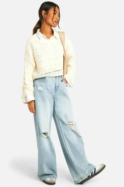 Jumpers*boohoo Ladder Crochet Crop Jumper cream