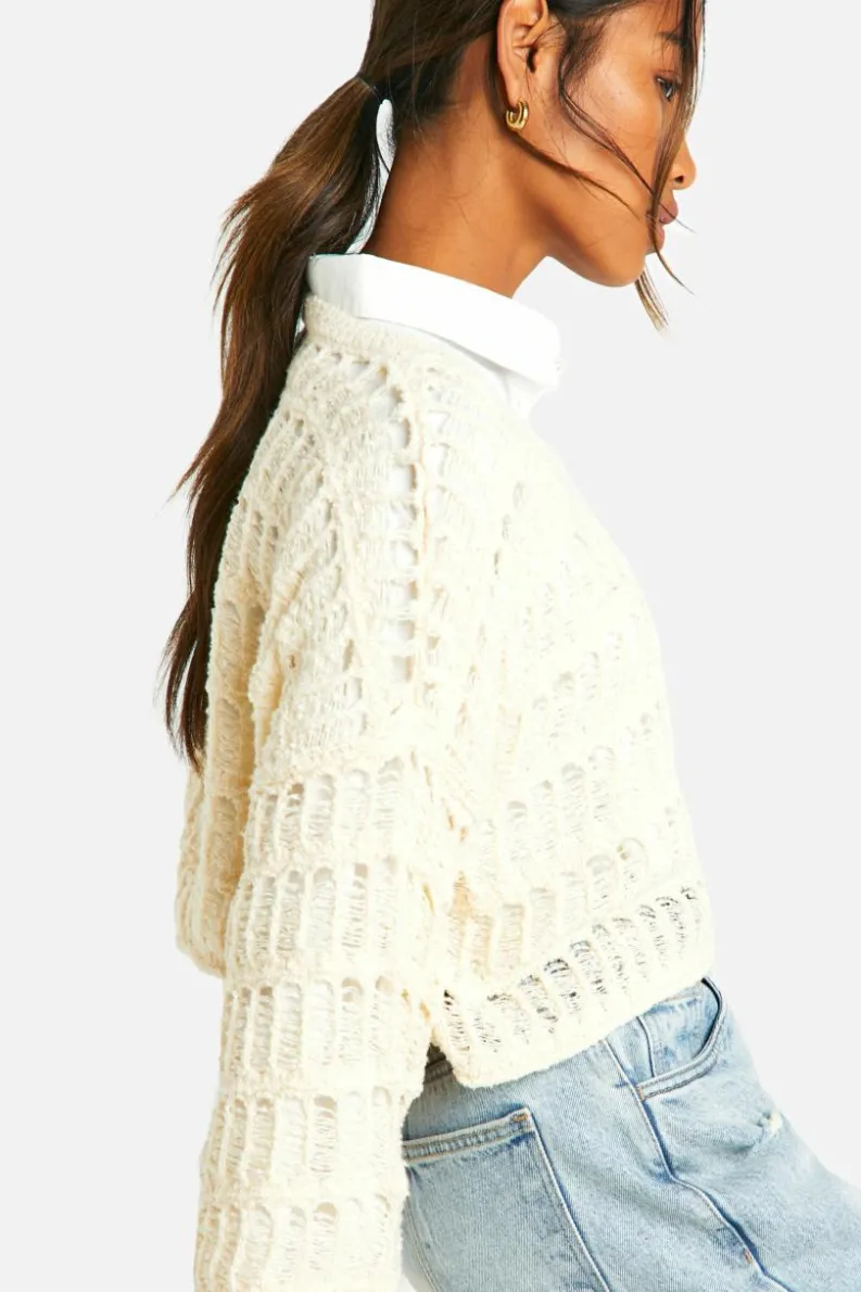 Jumpers*boohoo Ladder Crochet Crop Jumper cream