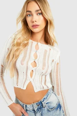 Cardigans*boohoo Ladder Knit Crop Cardigan cream