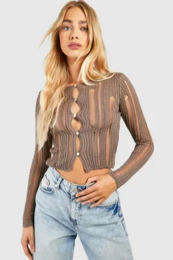 Cardigans|Knitwear*boohoo Ladder Knit Crop Cardigan mocha