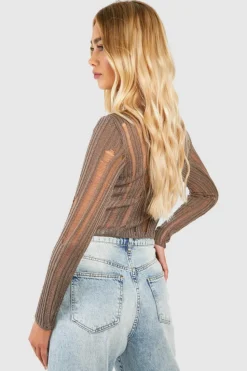 Cardigans|Knitwear*boohoo Ladder Knit Crop Cardigan mocha