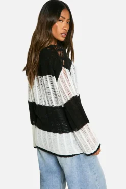 Oversized Jumpers|Jumpers*boohoo Ladder Knit Stripe Oversized Sheer Jumper black