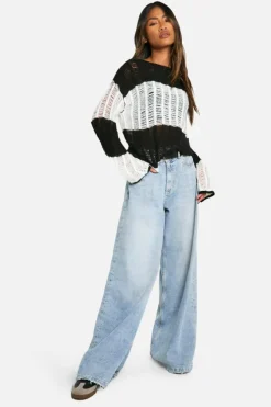 Oversized Jumpers|Jumpers*boohoo Ladder Knit Stripe Oversized Sheer Jumper black