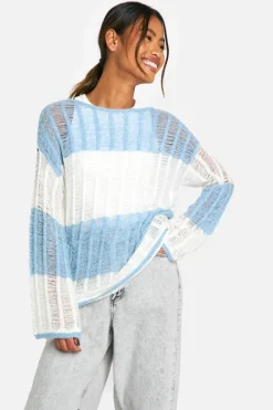 Oversized Jumpers|Jumpers*boohoo Ladder Knit Stripe Oversized Sheer Jumper blue
