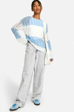 Oversized Jumpers|Jumpers*boohoo Ladder Knit Stripe Oversized Sheer Jumper blue