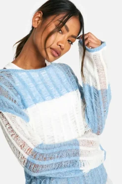 Oversized Jumpers|Jumpers*boohoo Ladder Knit Stripe Oversized Sheer Jumper blue